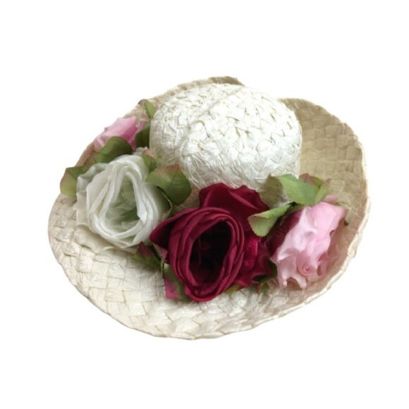 Vintage Union Made Straw Hat Red White Pink Roses in Dache Boutique Box 1960s main image 10
